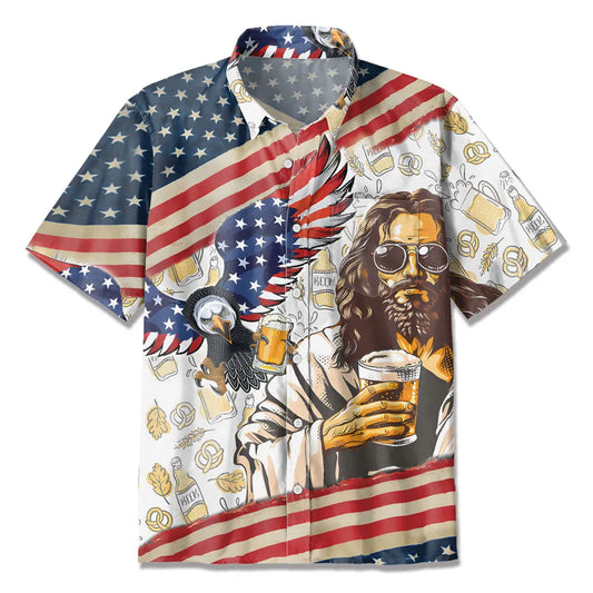 UniJames Jesus Eagle Beer American Flag Christian Hawaiian Shirt