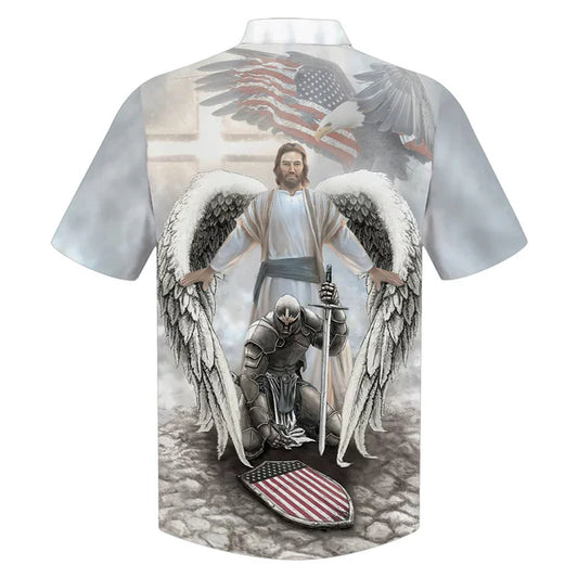UniJames American Warrior Knee Before God One Nation Under God Hawaiian Shirts - Christian Hawaiian Shirt - Hawaiian Summer Shirts