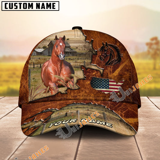 Unijames American Quarter Horse Dark Brown Leather Pattern American Flag Map Personalized Name Cap