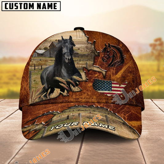Unijames Friesian Dark Brown Leather Pattern American Flag Map Personalized Name Cap