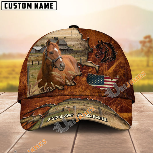 Unijames Thoroughbred Dark Brown Leather Pattern American Flag Map Personalized Name Cap