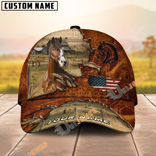Unijames Warmblood Dark Brown Leather Pattern American Flag Map Personalized Name Cap