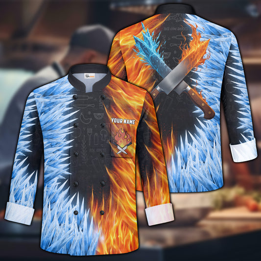 Unijames Fire And Ice Flag Custom Name Long Sleeve Chef Jacket