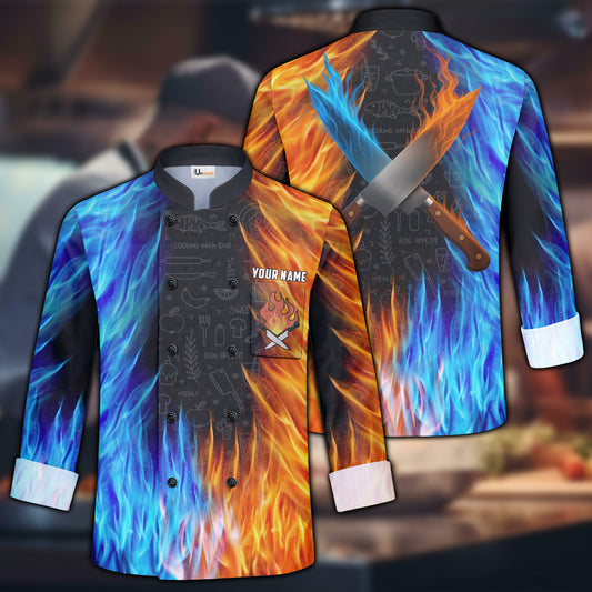 Unijames Double Fire Flag Custom Name Long Sleeve Chef Jacket