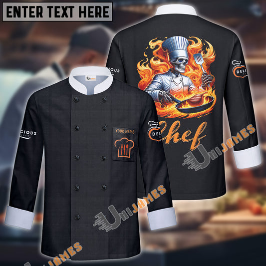 Unijames Skull Fire Chef Multicolor Option Custom Name Long Sleeve Chef Jacket (4 Colors)