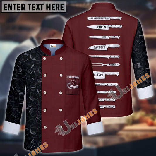 Unijames Kitchen Knife Multicolor Option Custom Name Long Sleeve Chef Jacket (4 Colors)