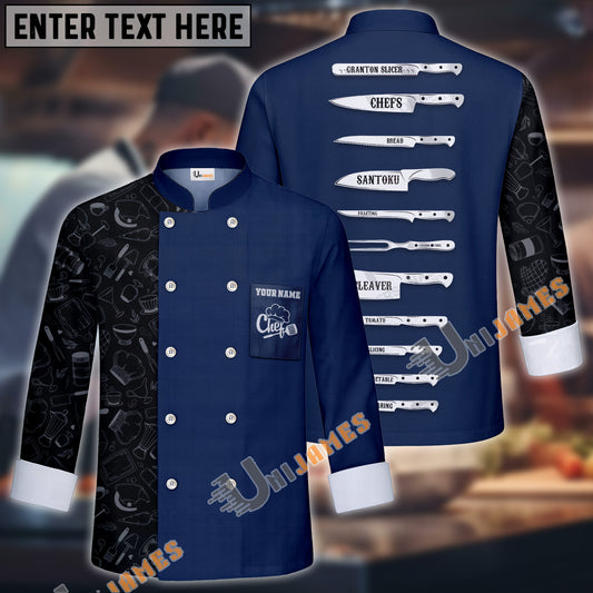 Unijames Kitchen Knife Multicolor Option Custom Name Long Sleeve Chef Jacket (4 Colors)