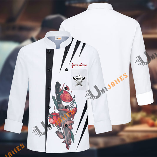 Unijames Color Spike Pattern Multicolor Option Custom Name Long Sleeve Chef Jacket (4 Colors)