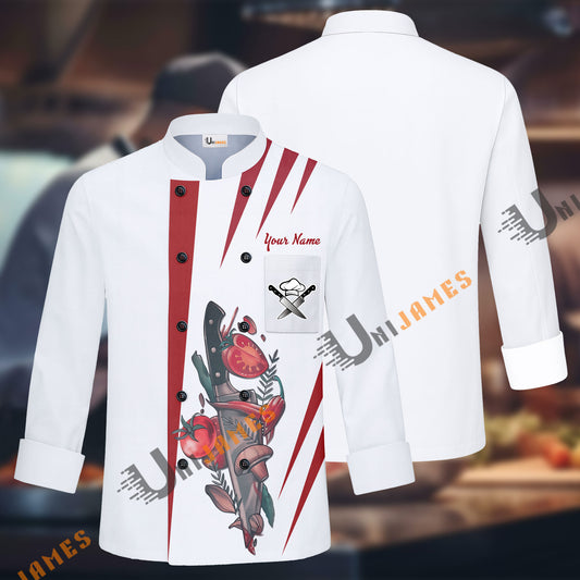Unijames Color Spike Pattern Multicolor Option Custom Name Long Sleeve Chef Jacket (4 Colors)