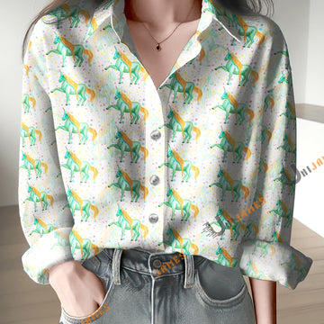 Unique Green Horse Print Casual Long Sleeve Comfortable Shirt