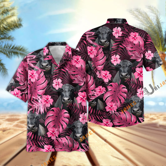 UniJames Pink Breeze Black Angus Hawaiian Shirt