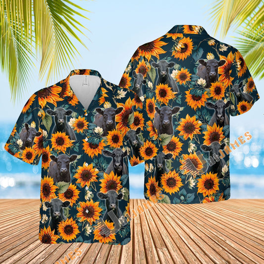 Uni Black Angus Sunflowers Blue 3D Hawaiian Shirt