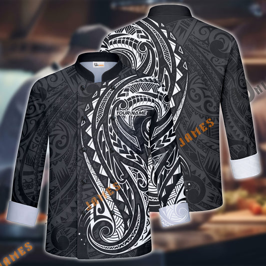 Unijames Maori Pattern Multicolor Option Custom Name Long Sleeve Chef Jacket (4 Colors)