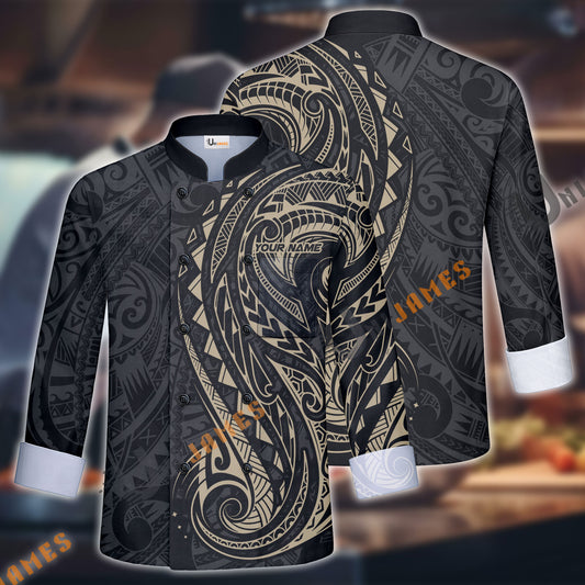 Unijames Maori Pattern Multicolor Option Custom Name Long Sleeve Chef Jacket (4 Colors)