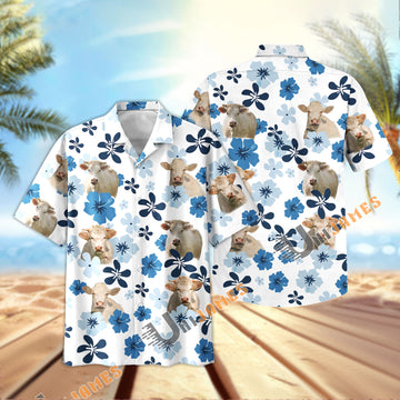 Uni Charolais Retro Blue Aloha Floral Hawaiian Shirt