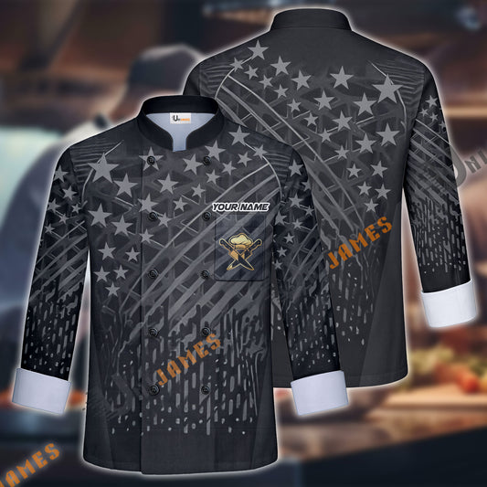 Unijames Black American Flag Custom Name Long Sleeve Chef Jacket