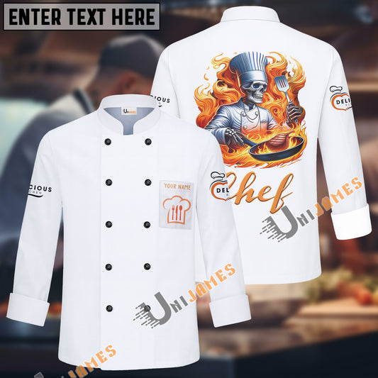 Unijames Skull Fire Chef Multicolor Option Custom Name Long Sleeve Chef Jacket (4 Colors)