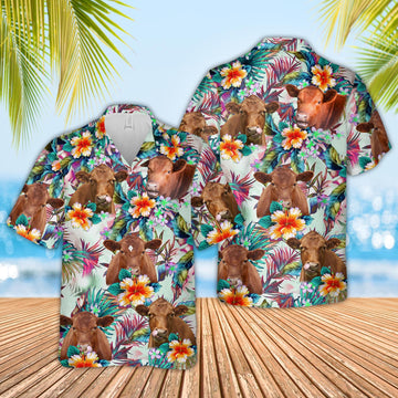 Uni Red Angus Colorful Leaf Pattern Hawaiian Shirt