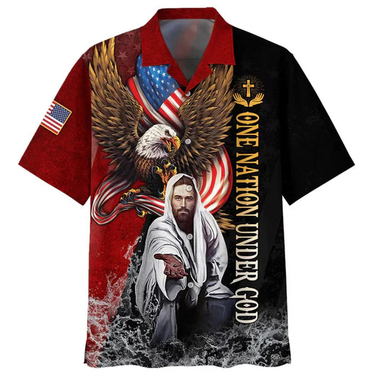 UniJames Eagle Jesus Reaching Hand America One Nation Under God Hawaiian Shirts - Christian Hawaiian Shirt