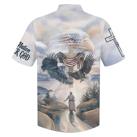 UniJames Eagles Flying Around Cross United States One Nation Under God Hawaiian Shirts - Christian Hawaiian Shirt - Hawaiian Summer Shirts