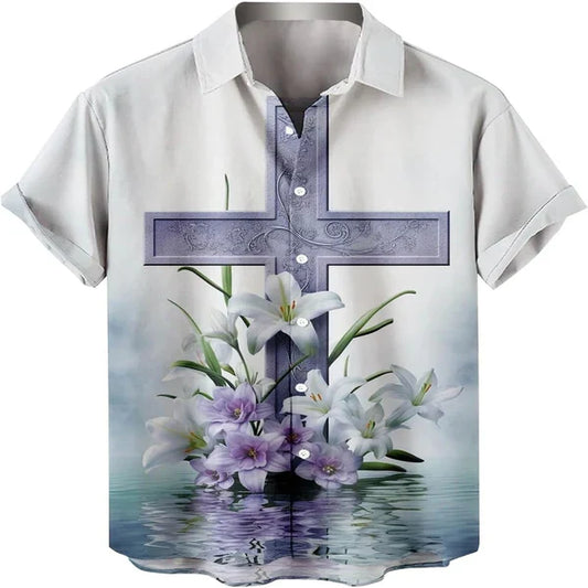 UniJames Easter Cross Lily Christian Hawaiian Shirt - Hawaiian Beach Shirts for Men Women