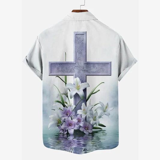 UniJames Easter Cross Lily Christian Hawaiian Shirt - Hawaiian Beach Shirts for Men Women