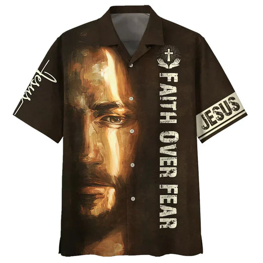 UniJames Faith Over Fear Jesus Portrait Hawaiian Shirts - Christian Hawaiian Shirt - Jesus Hawaiian Shirts