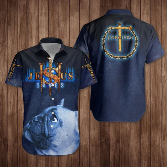 UniJames French Bulldog Jesus Saves Hawaiian Shirt Cross Forgiven Christian Faith Dog Lover Clothes - Christian Hawaiian Shirt for Men Women