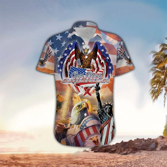 UniJames God Bless American Patriotism Eagle Hawaiian Shirt - Christian Hawaiian Shirt for Men Women