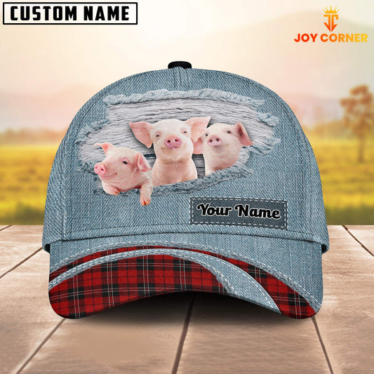 Uni Piggies Red Caro And Jeans Pattern Customized Name Cap