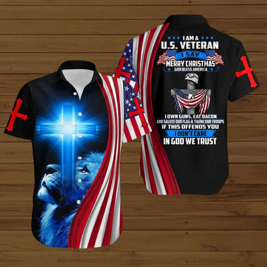 UniJames I Am A U.S Veteran I Say Merry Christmas God Bless America Summer Hawaiian Shirt - Christian Hawaiian Shirt for Men Women