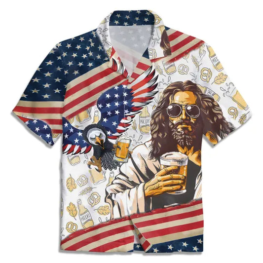 UniJames Jesus Eagle Beer American Flag Christian Hawaiian Shirt