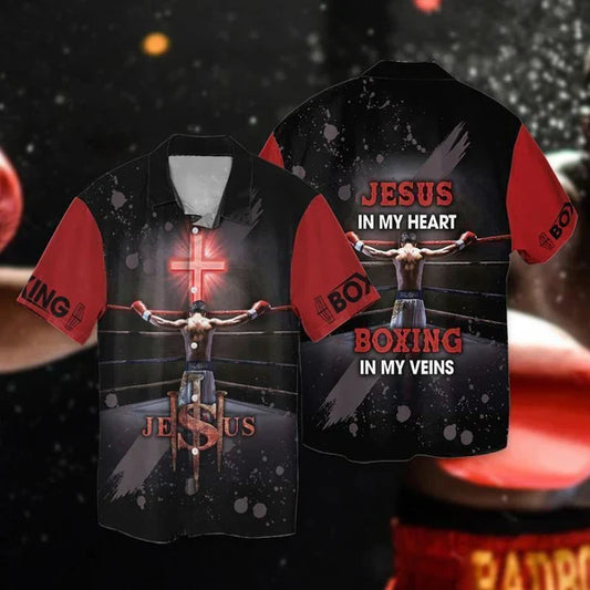 UniJames Jesus And Boxing Jesus In My Heart Boxing In My Veins Hawaiian Shirt - Christian Hawaiian Shirt for Men Women