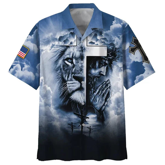 UniJames Jesus And Cross Lion Pray Hawaiian Shirt - Best Hawaiian Shirts - Christian Hawaiian Shirt