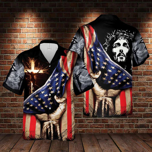 UniJames Jesus Christ American Flag Cross Hawaiian Shirts - Religious Hawaiian Shirts - Hawaiian Christian For Men Women