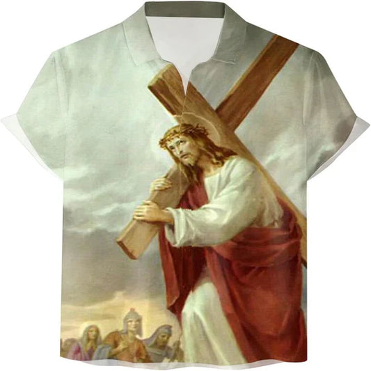 UniJames Jesus Christ Carrying The Cross Christian Hawaiian Shirt - Hawaiian Beach Shirts for Men Women