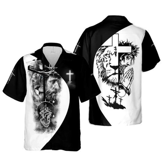 UniJames Jesus Cross Lion Hawaiian Shirts - Religious Hawaiian Shirts - Hawaiian Christian For Men Women
