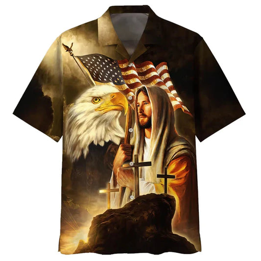 UniJames Jesus Eagle American Flag United States Hawaiian Shirts - Christian Hawaiian Shirt - Jesus Hawaiian Shirts