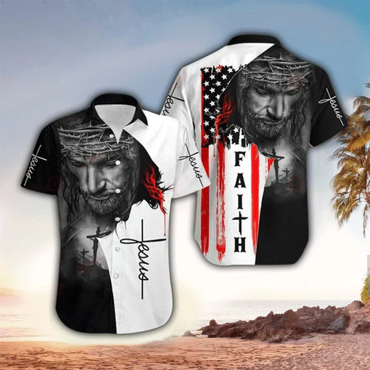 UniJames Jesus Face Faith American Flag Hawaii Shirt - Christian Hawaiian Shirt for Men Women