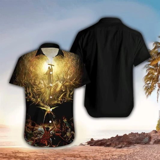 UniJames Jesus Holy Light Angels Black Hawaiian Shirt - Christian Hawaiian Shirt for Men Women