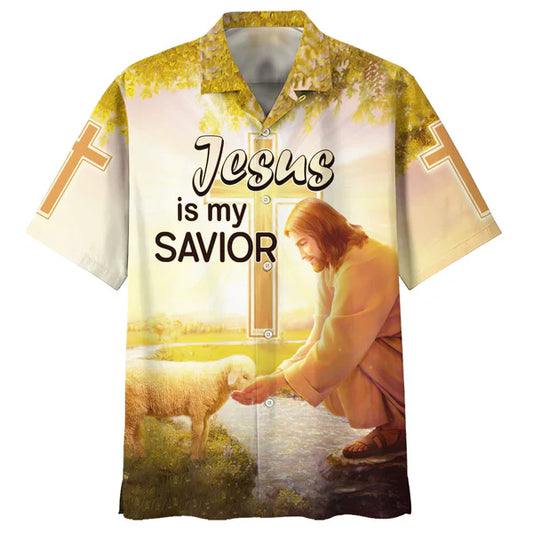 UniJames Jesus Is My Savior Hawaiian Shirt - Jesus Lamb Drinking Water Hawaiian Shirts - Christian Hawaiian Shirt