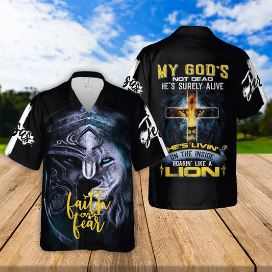 UniJames Jesus Lion Inside Faith Over Fear Hawaiian Shirts - Religious Hawaiian Shirts - Hawaiian Christian For Men Women