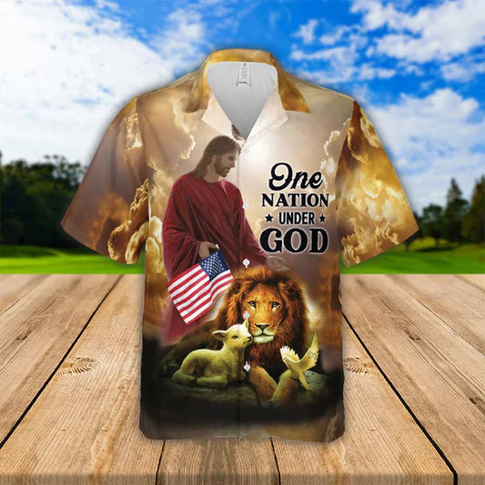 UniJames Jesus Lion Lamb One Nation Under God Hawaiian Shirts - Religious Hawaiian Shirts - Hawaiian Christian For Men Women