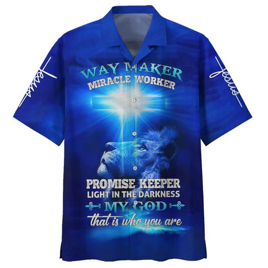UniJames Jesus Lion Way Maker Miracle Worker Promise Keeper Light In The Darkness My God That Is Who You Are Hawaiian Shirt - Best Hawaiian Shirts - Christian Hawaiian Shirt