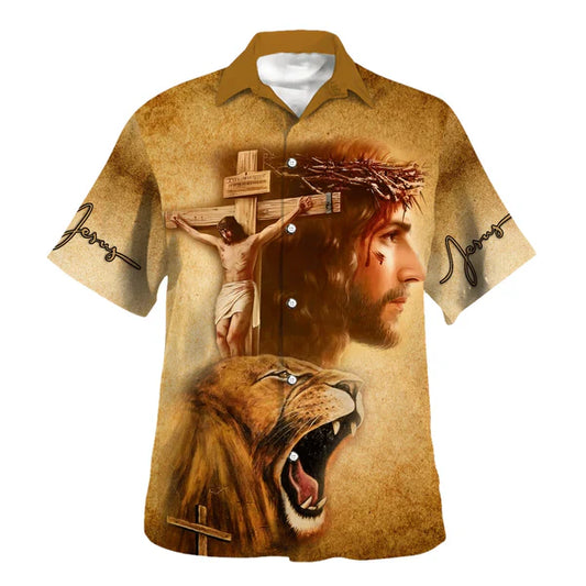 UniJames Jesus On The Cross Lion Of Judah Hawaiian Shirt - Christian Hawaiian Shirt - Religious Hawaiian Shirts
