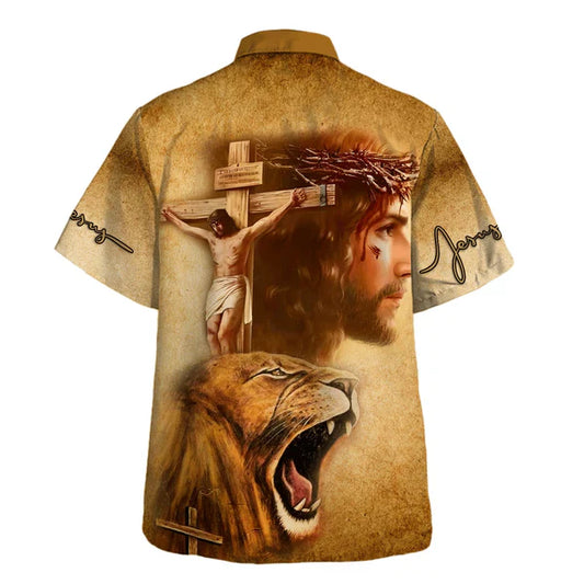 UniJames Jesus On The Cross Lion Of Judah Hawaiian Shirt - Christian Hawaiian Shirt - Religious Hawaiian Shirts