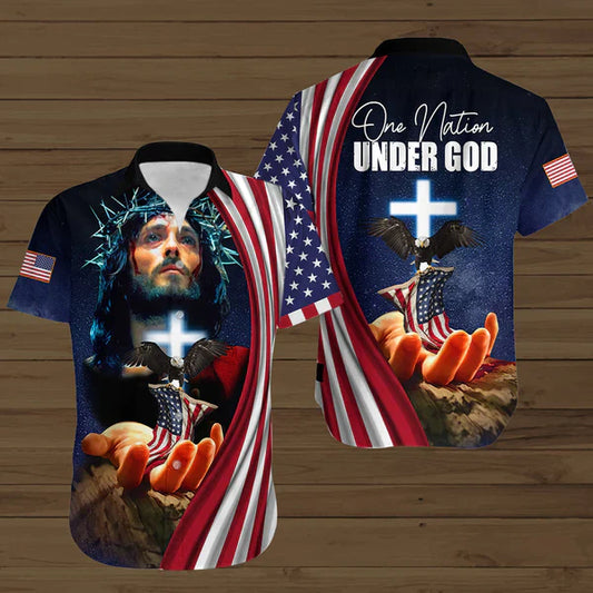 UniJames Jesus One Nation Under God Hawaiian Shirt Clothing American Flag Christian Mens Clothing - Christian Hawaiian Shirt for Men Women