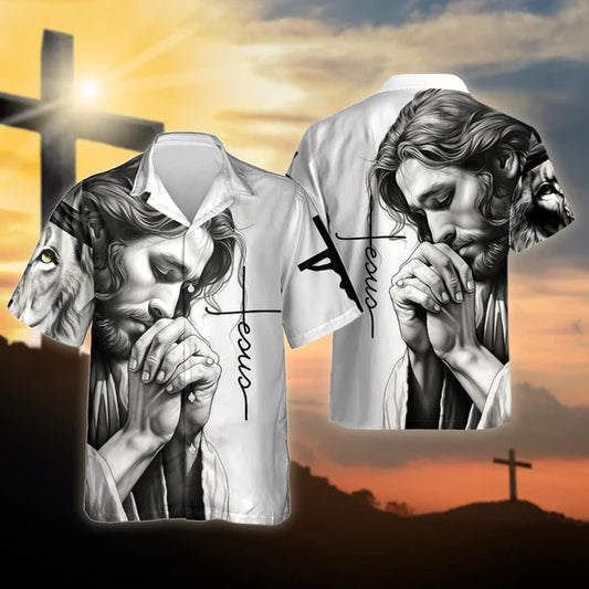 UniJames Jesus Prays Lion Christian Hawaiian Shirt - Hawaiian Beach Shirts for Men Women