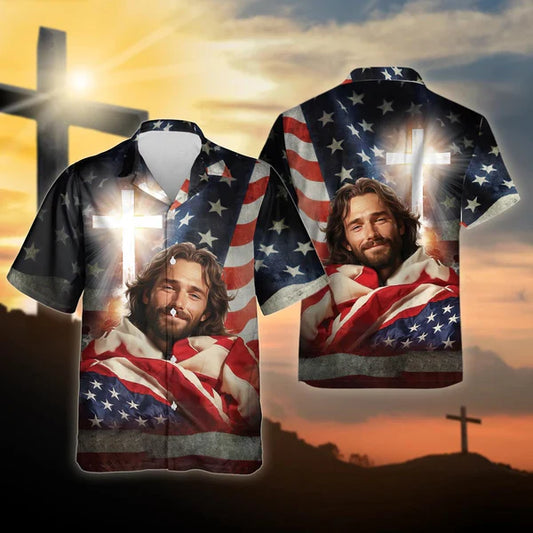 UniJames Jesus Smile With America Flag Christian Hawaiian Shirt - Hawaiian Beach Shirts for Men Women