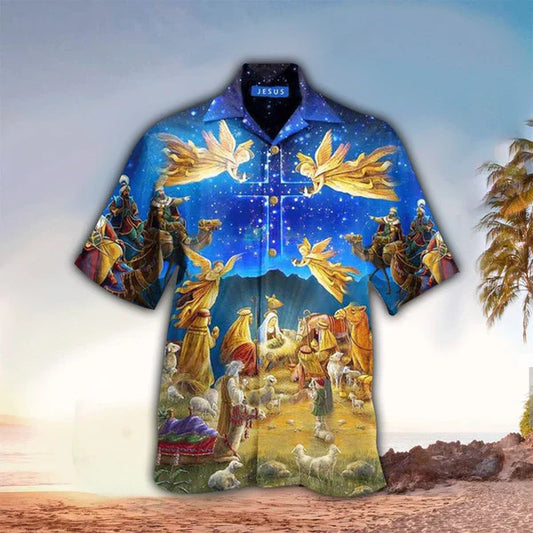 UniJames Jesus Was Born Holy Night Angel Hawaiian Shirt - Christian Hawaiian Shirt for Men Women